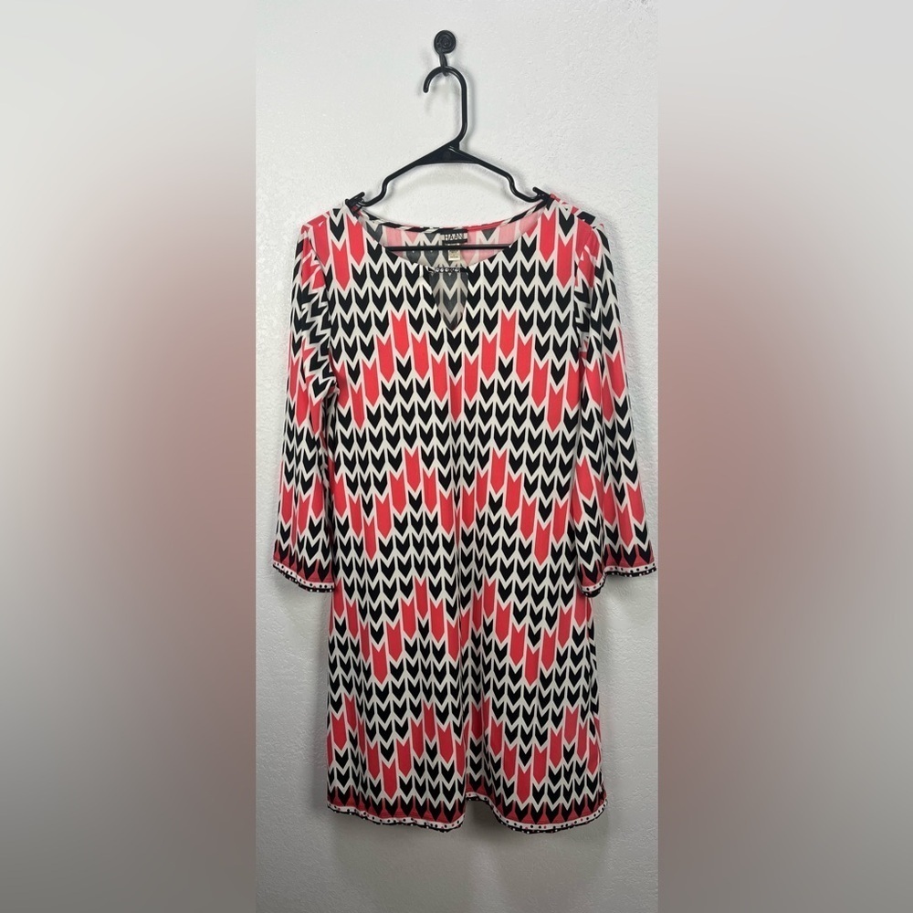 Haani Pink Black White Casual Long Sleeve Midi Dress Size L Metal accent TC0645